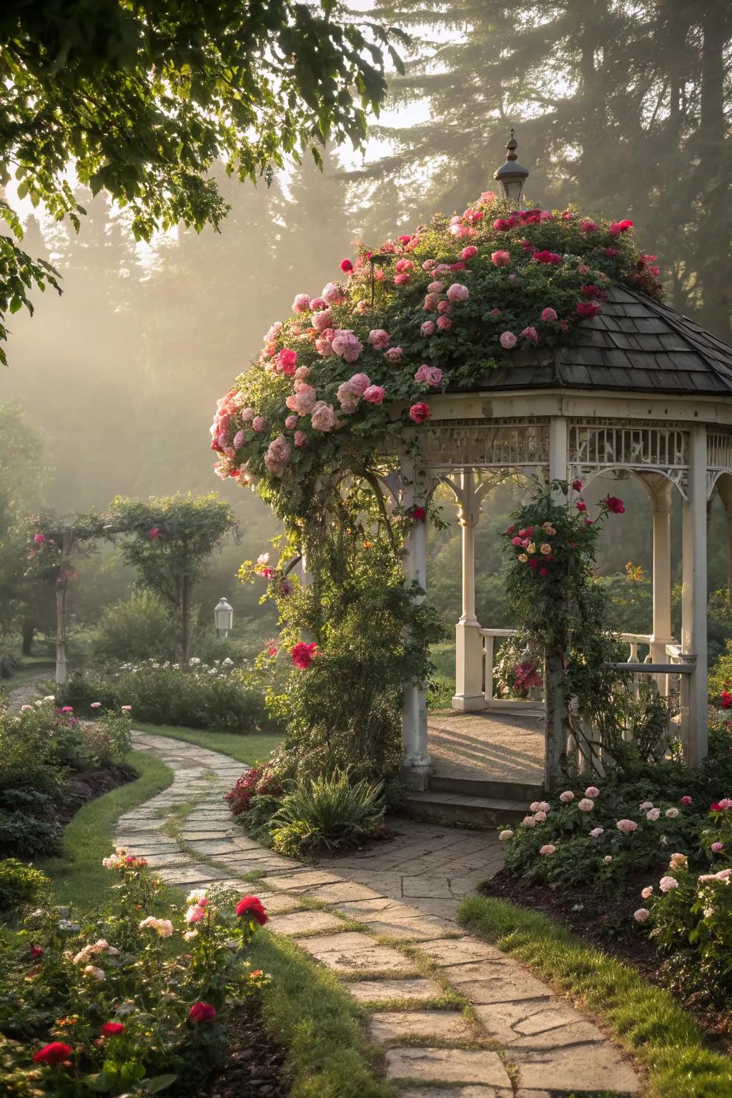 A whimsical gazebo adorned with roses invites tranquility.