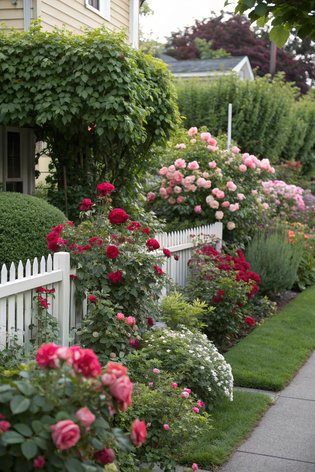 A diverse rose garden featuring climbing, shrub, and bush varieties.