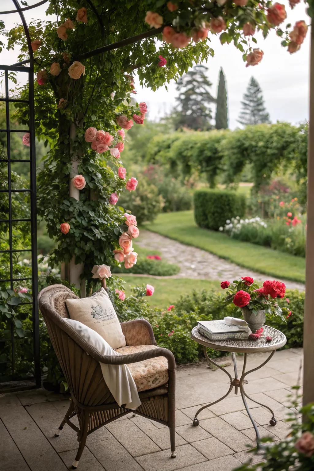 A seating oasis in a rose garden invites relaxation and contemplation.