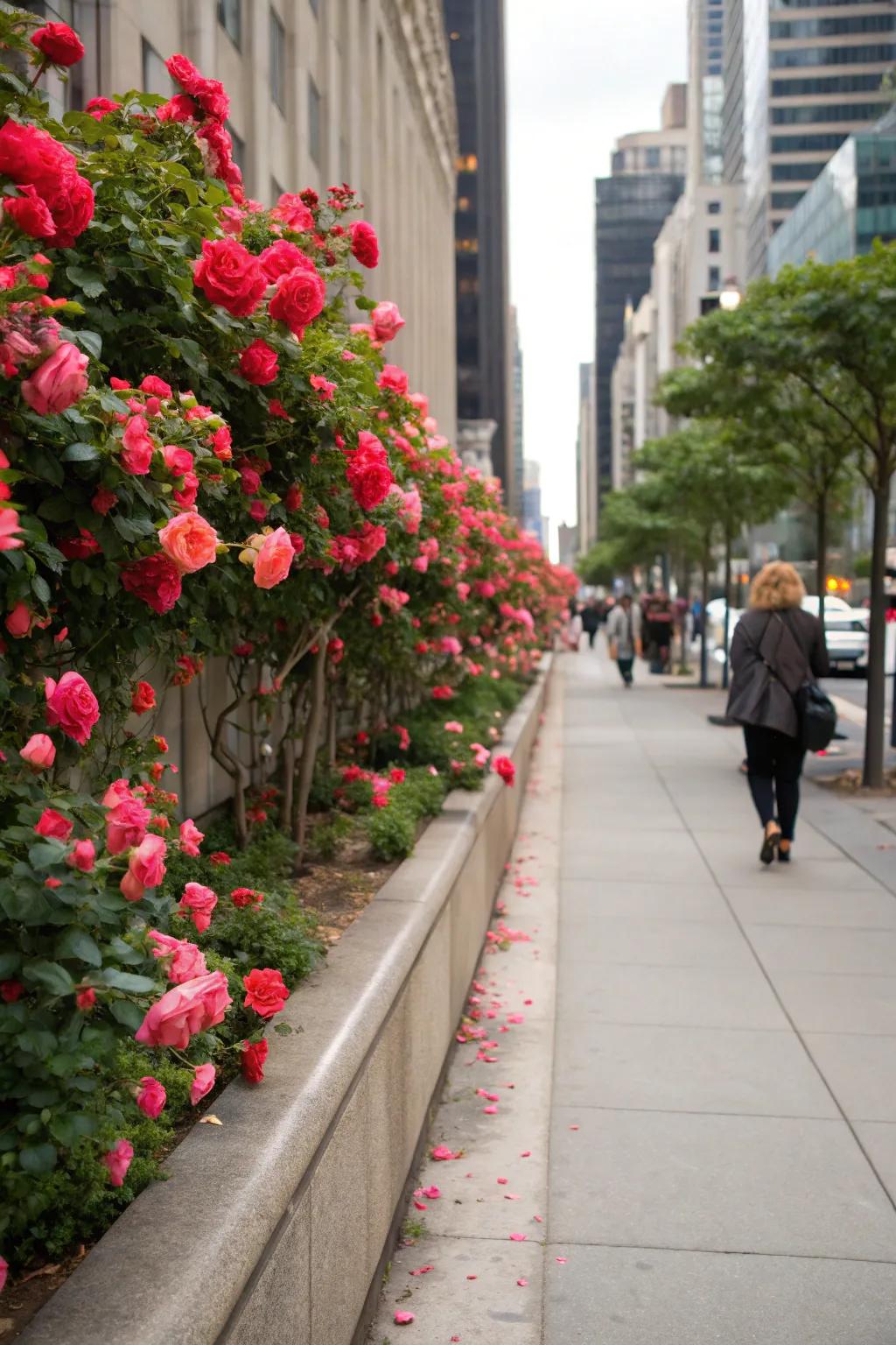 Urban sidewalks transformed by the addition of vibrant rose hedges.