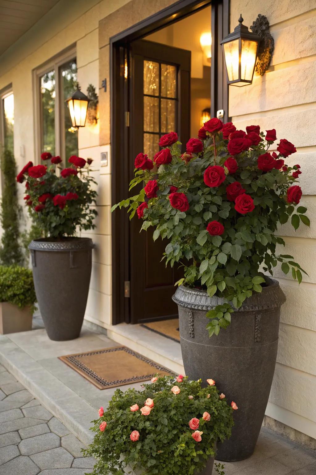 Welcome guests with elegant container roses.