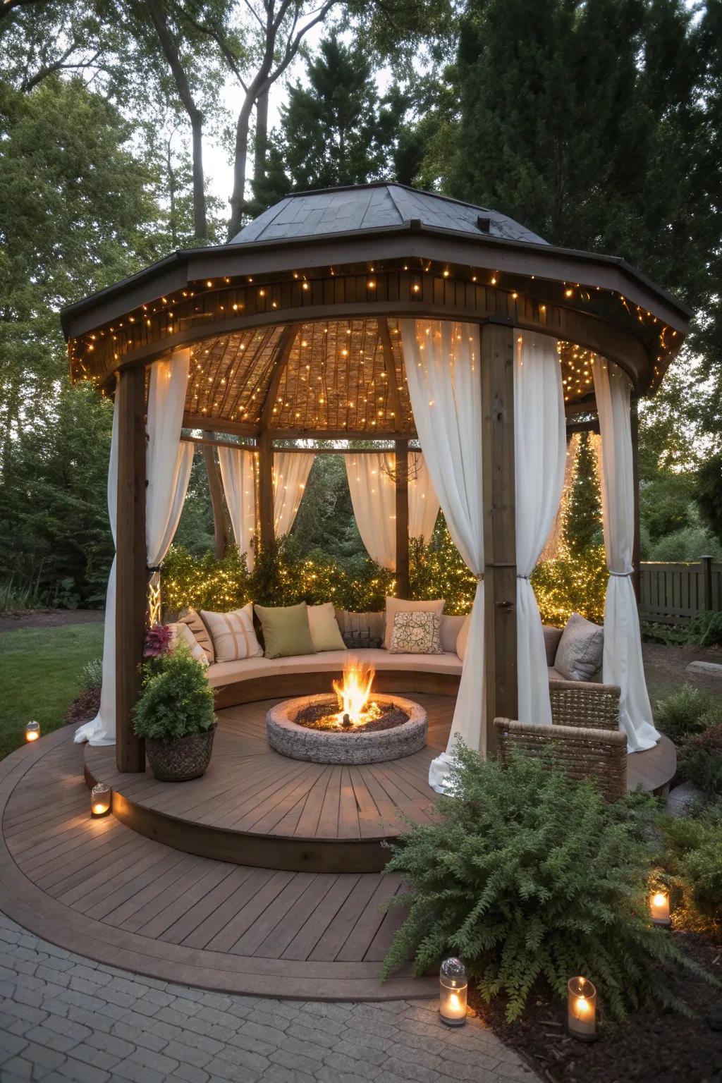 A round gazebo with a warm and inviting fireside nook.