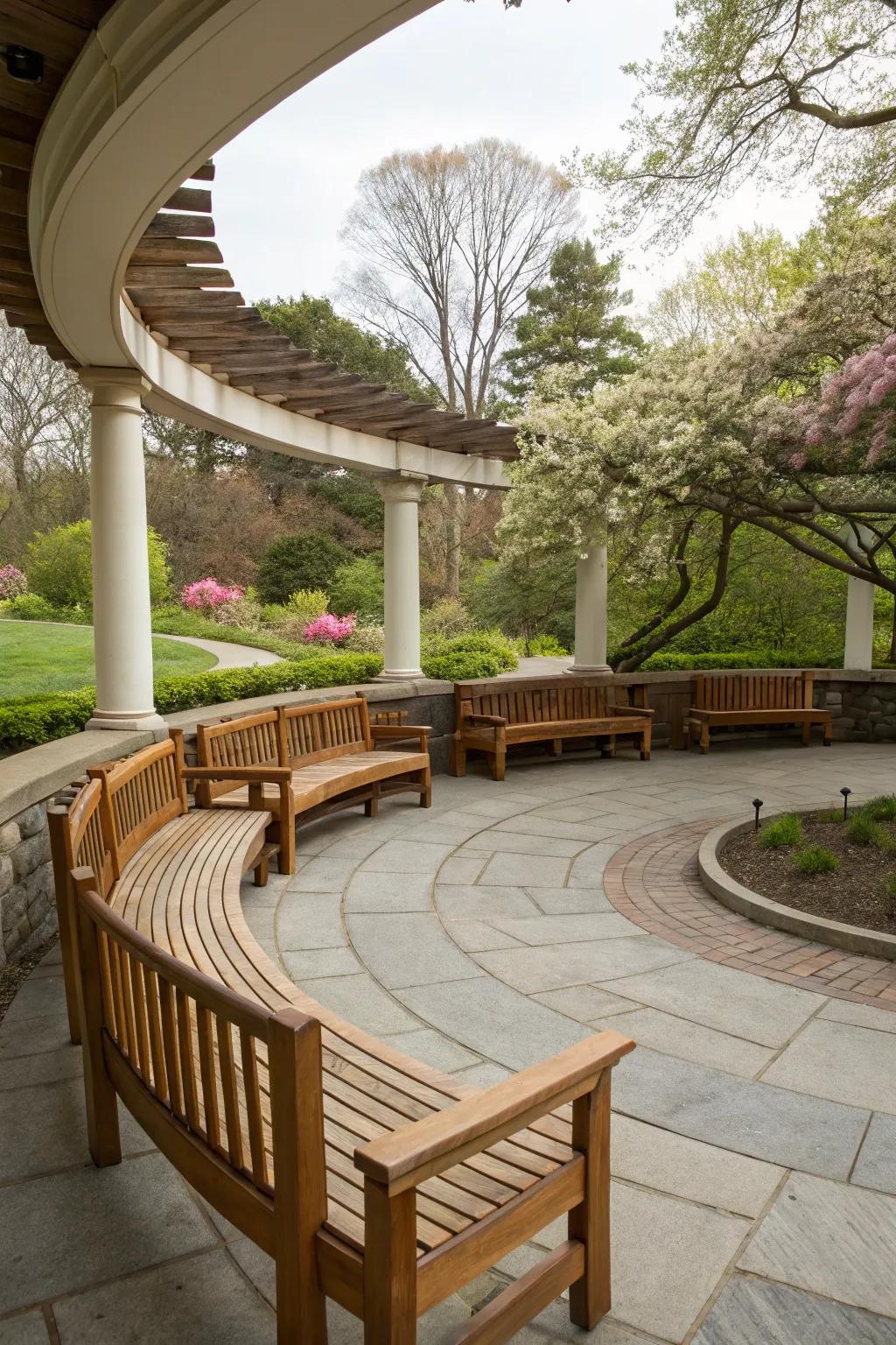 A round patio featuring built-in seating, perfect for maximizing space.