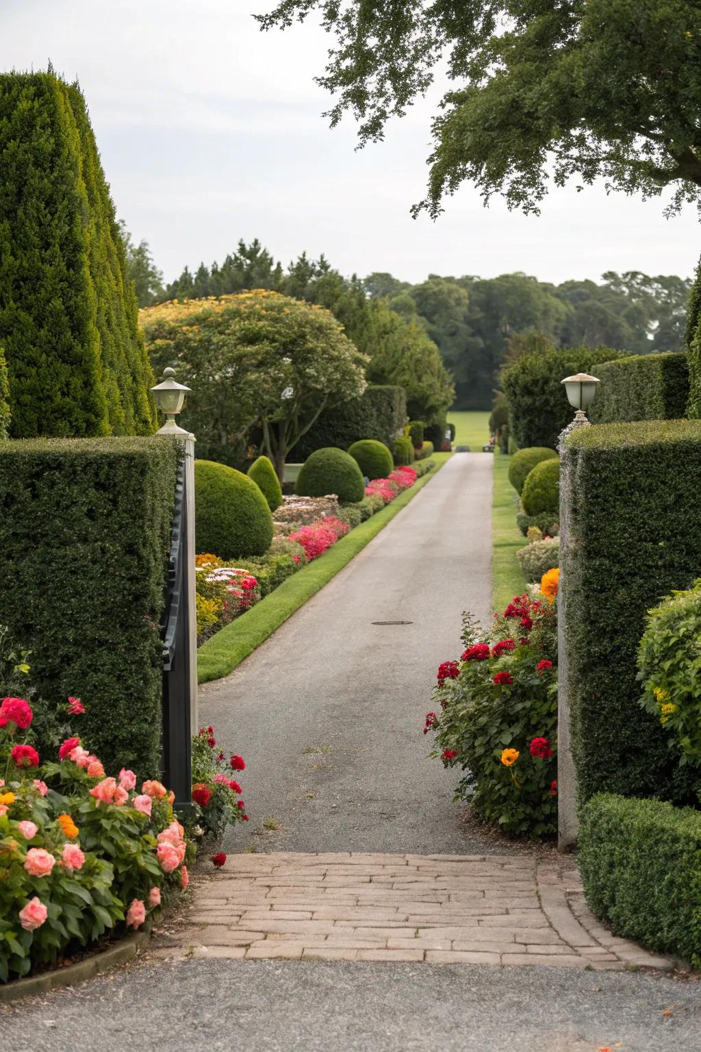 Neatly trimmed hedges adding structure to a driveway entrance.