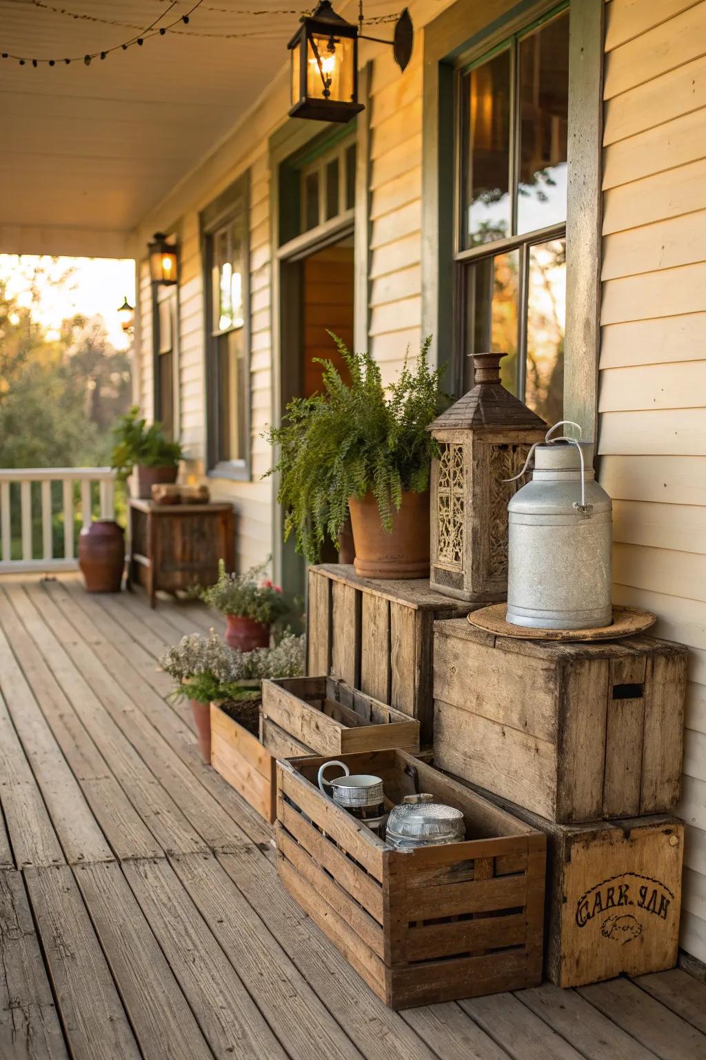 Rustic accessories like wooden crates add functional charm.