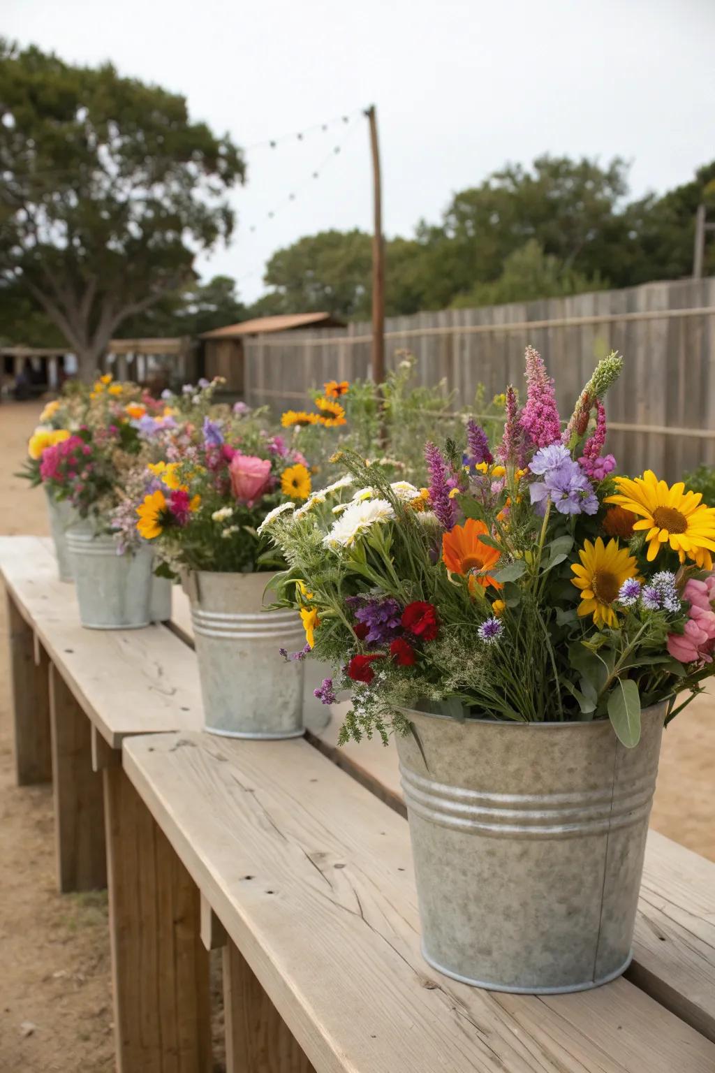 Wildflowers arranged in galvanized buckets for rustic charm.