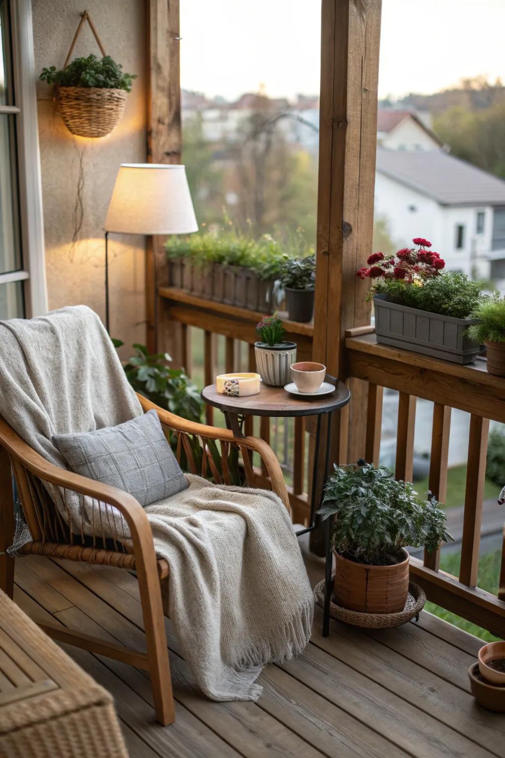 A cozy nook on a rustic balcony complete with a comfortable chair and a side table.