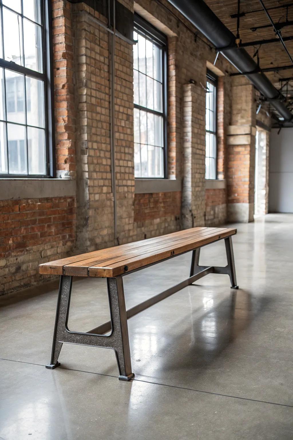 Achieve a chic contrast with an industrial-style metal and wood bench.