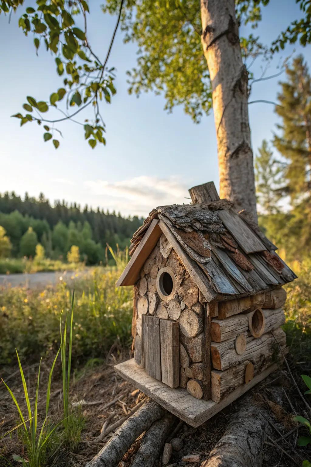 A unique birdhouse crafted from reclaimed wood pieces.