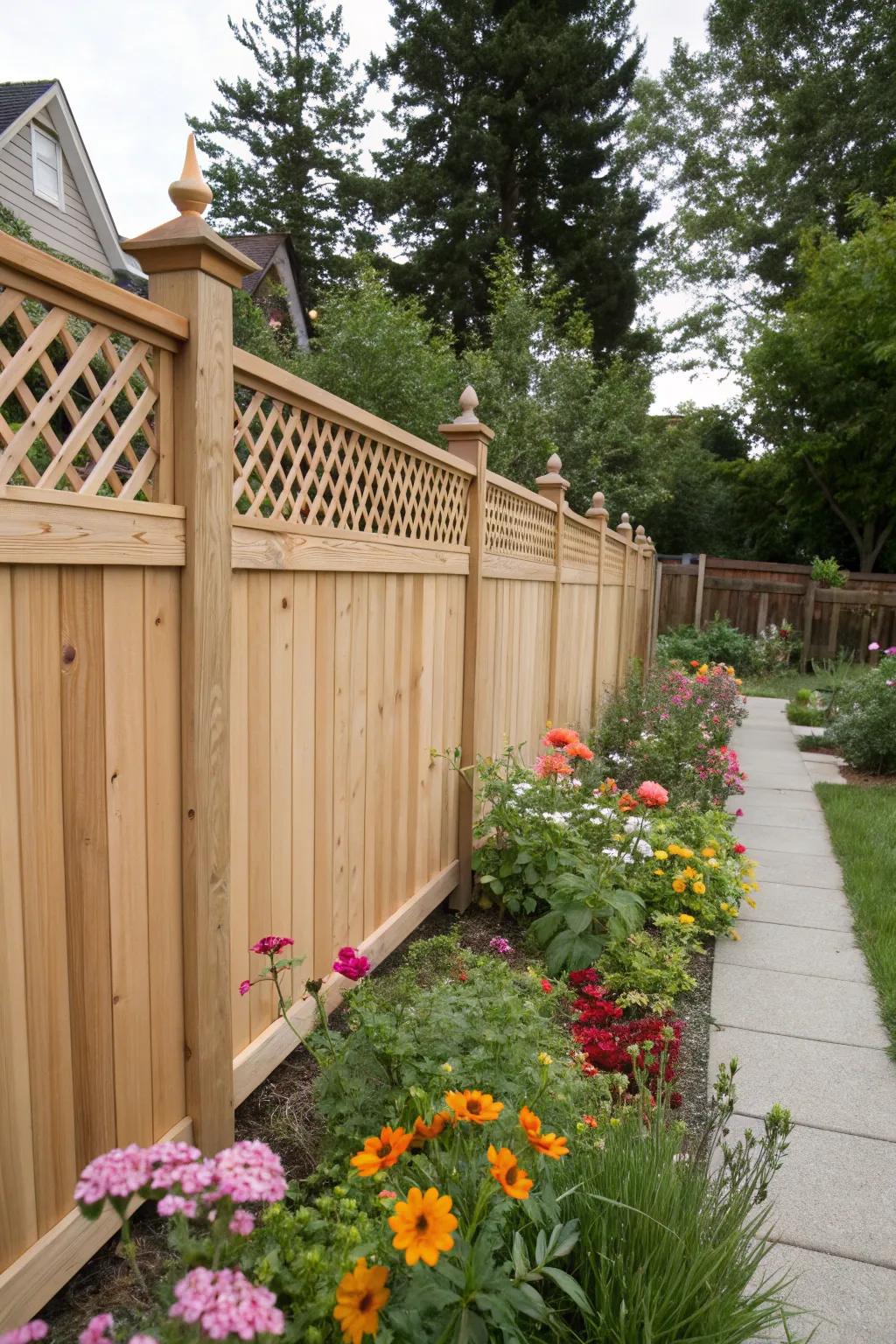 A cedar fence with a decorative lattice top.