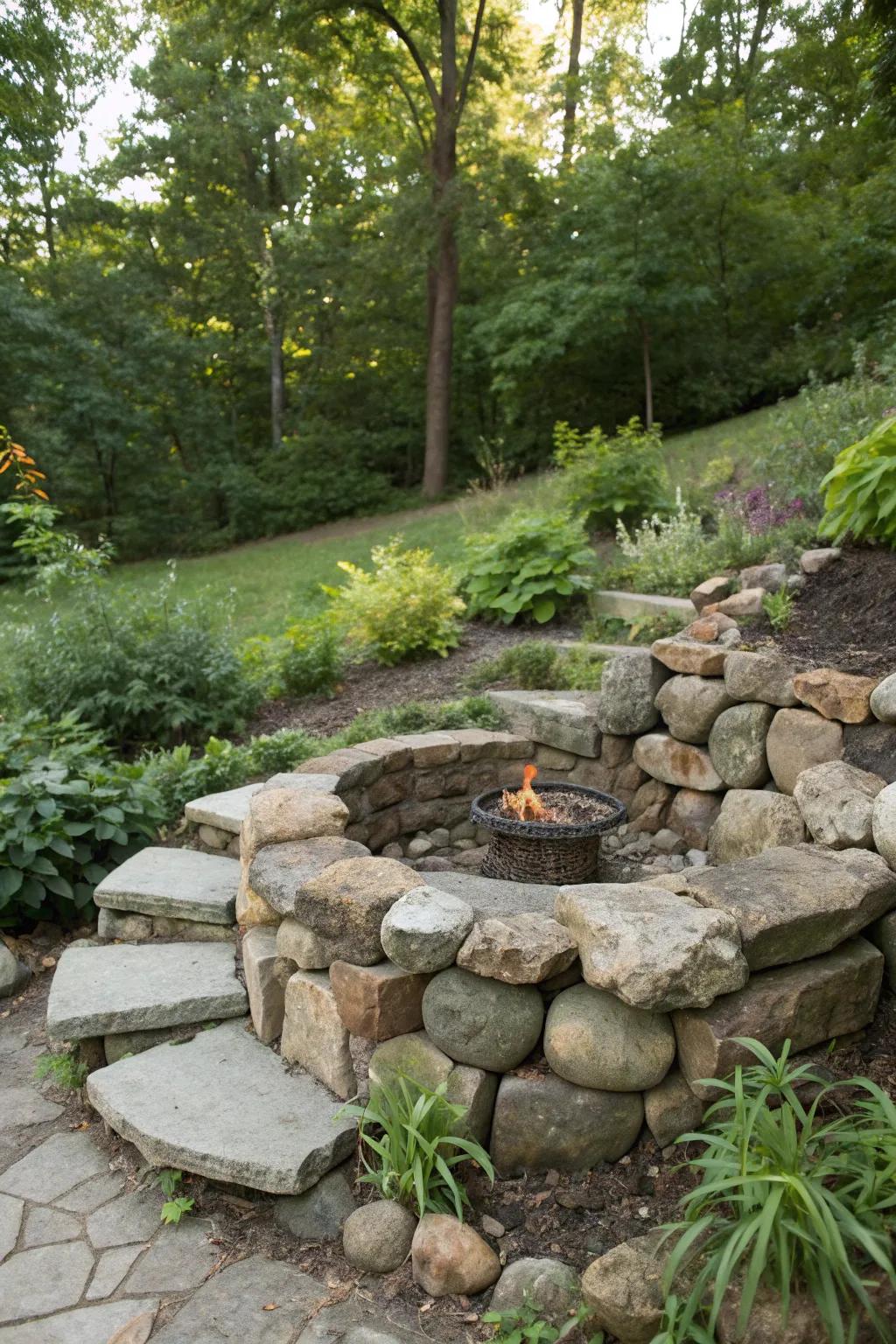 Tiered rock designs add visual interest to any rustic fire pit area.