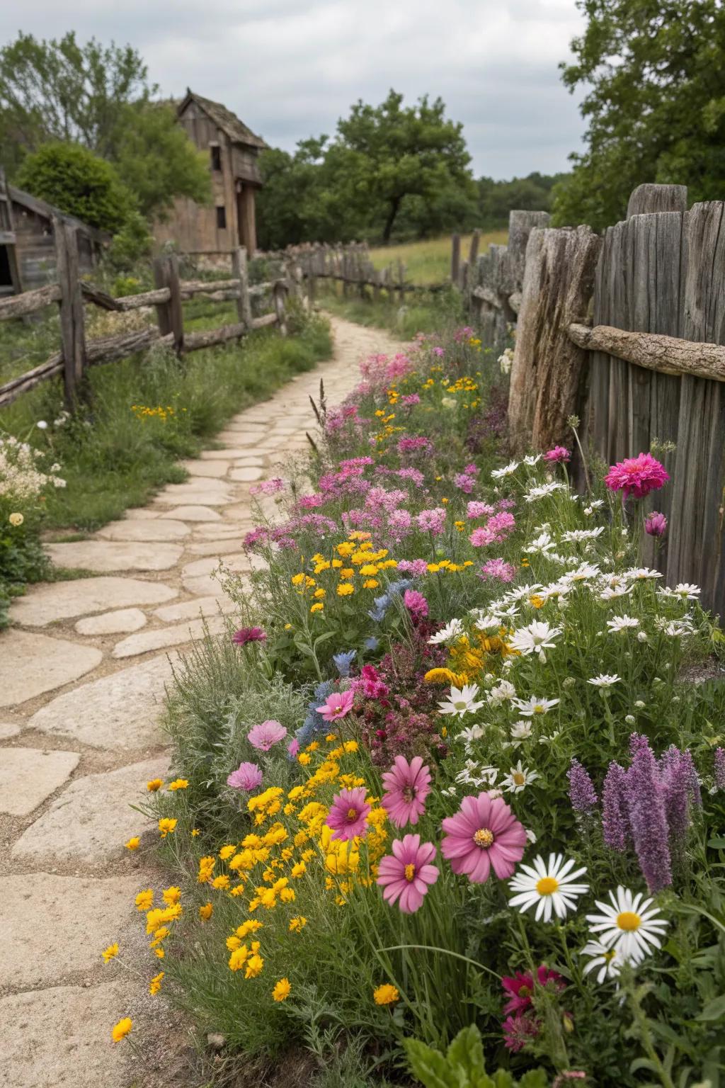A wildflower mix brings untamed beauty to this rustic flower bed.