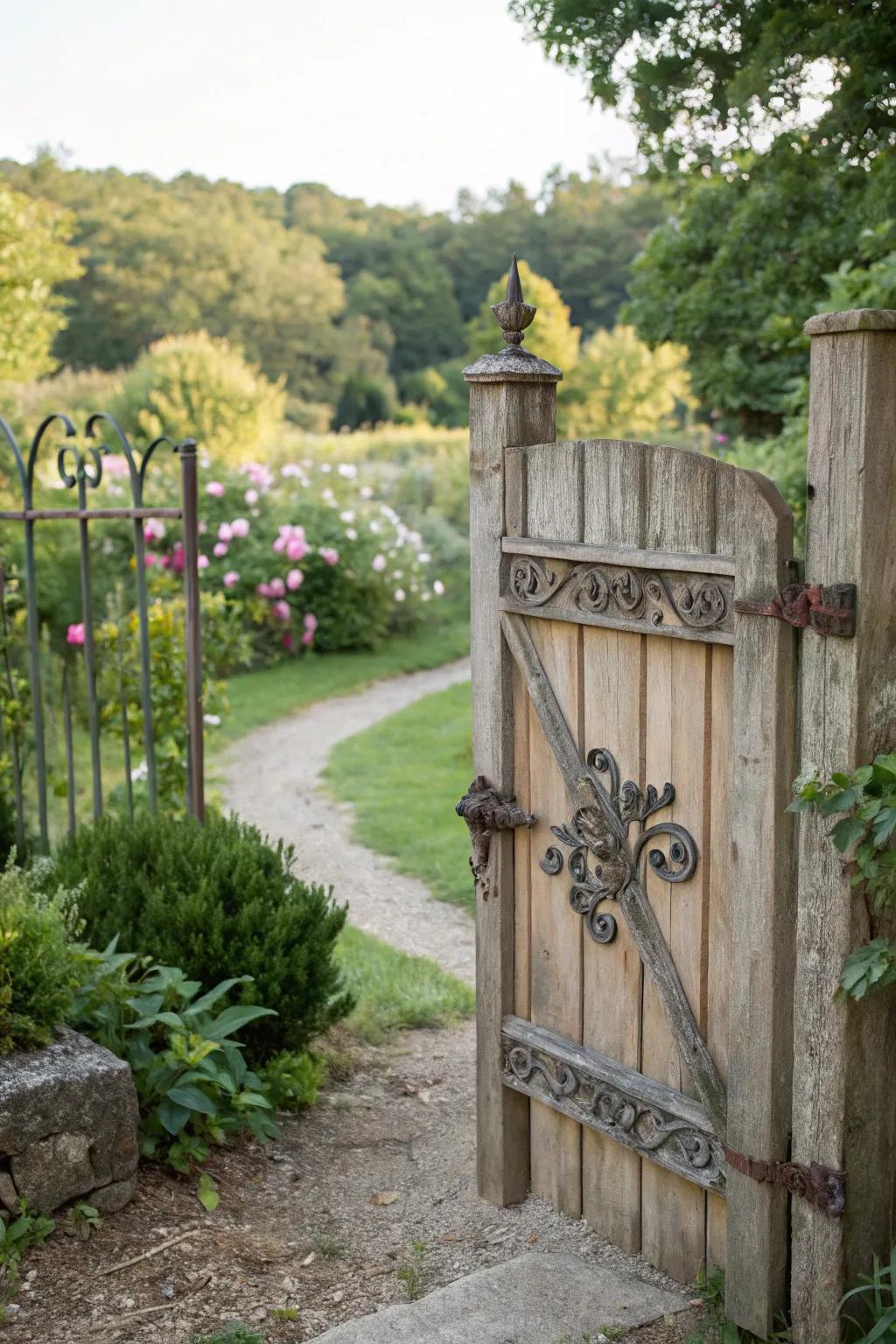 A wooden garden gate with decorative metal accents.