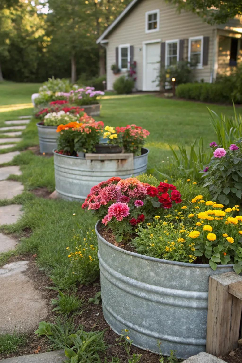 Galvanized tubs make charming rustic planters.