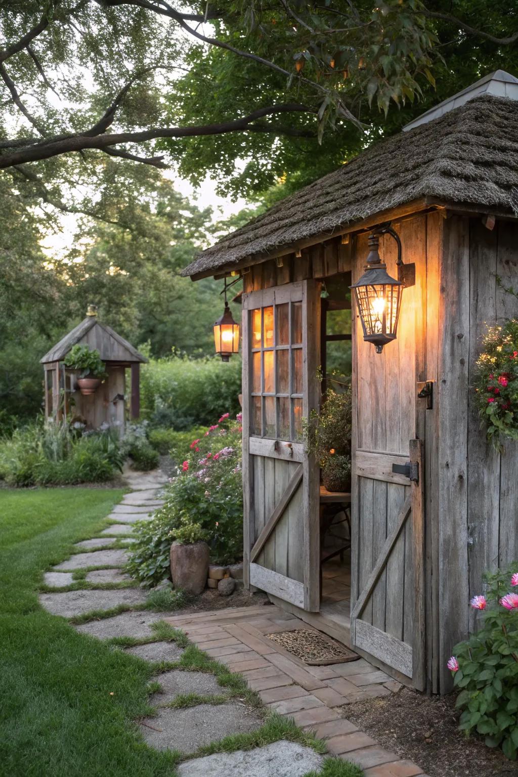 Vintage lanterns create a warm, inviting glow around this rustic shed.