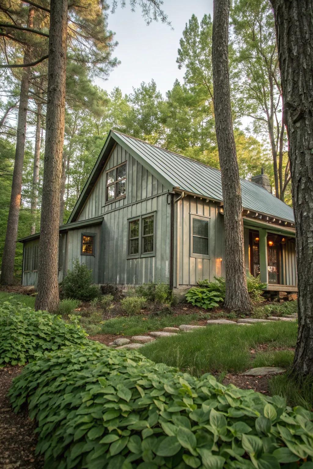 Rustic metal siding blends industrial durability with natural charm.