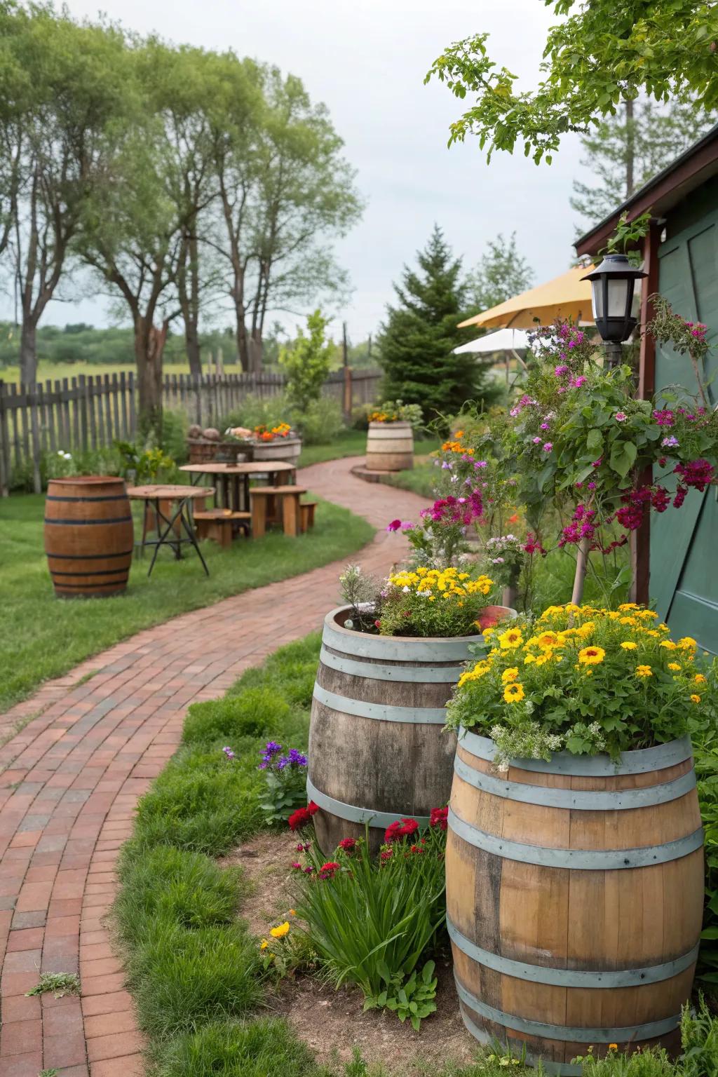 Repurposed barrels add rustic charm and functionality.