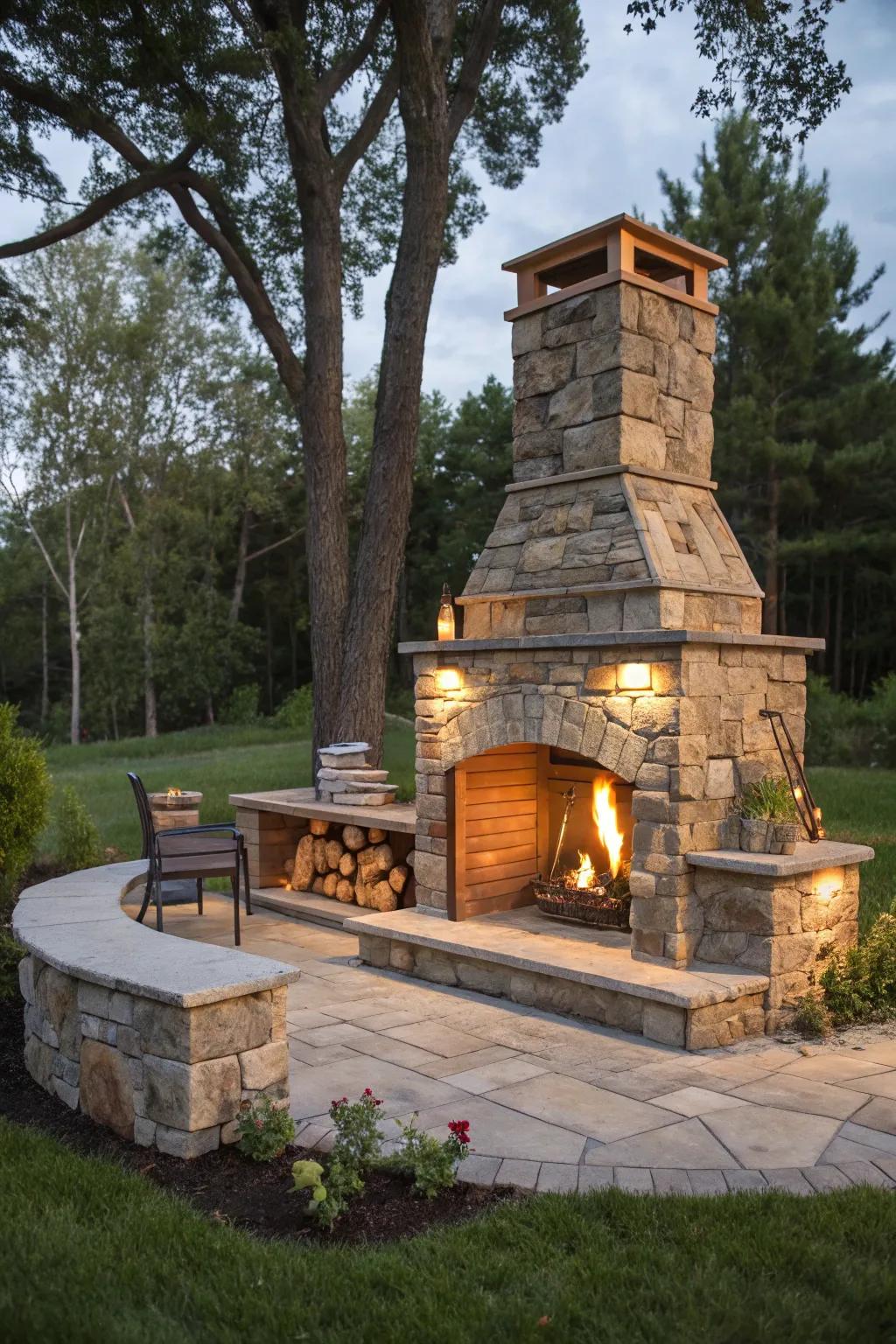 A fireplace with a mix of stone and wood offers a unique rustic appeal.