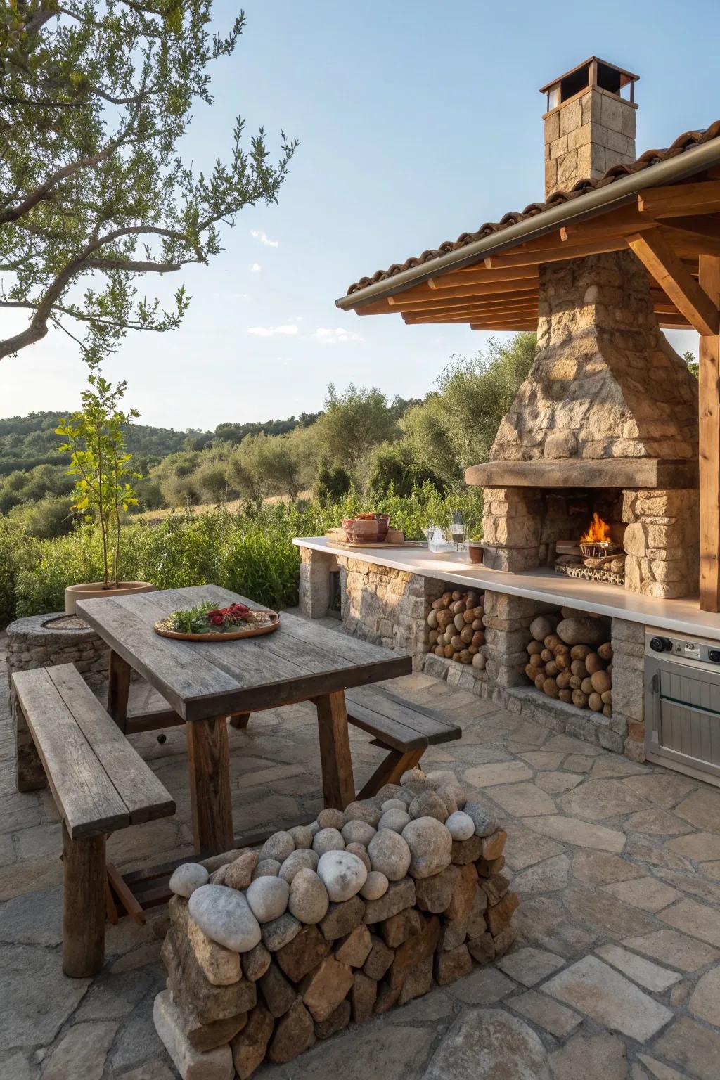 A fire pit adds warmth and becomes the heart of the outdoor kitchen.