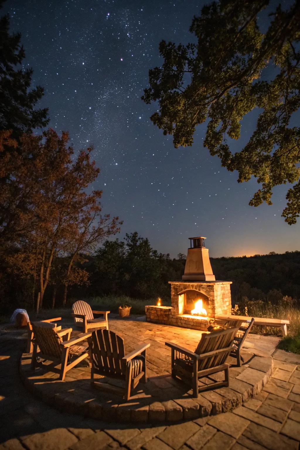 A cozy outdoor fireplace serving as a glowing centerpiece.