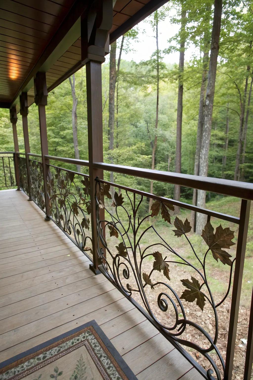 Artistic metal inlays bring elegance to rustic porches.