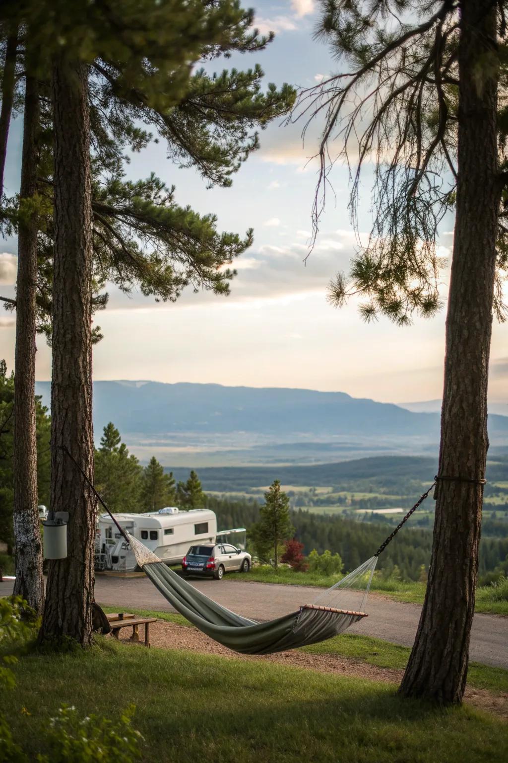 A hammock provides a peaceful retreat.