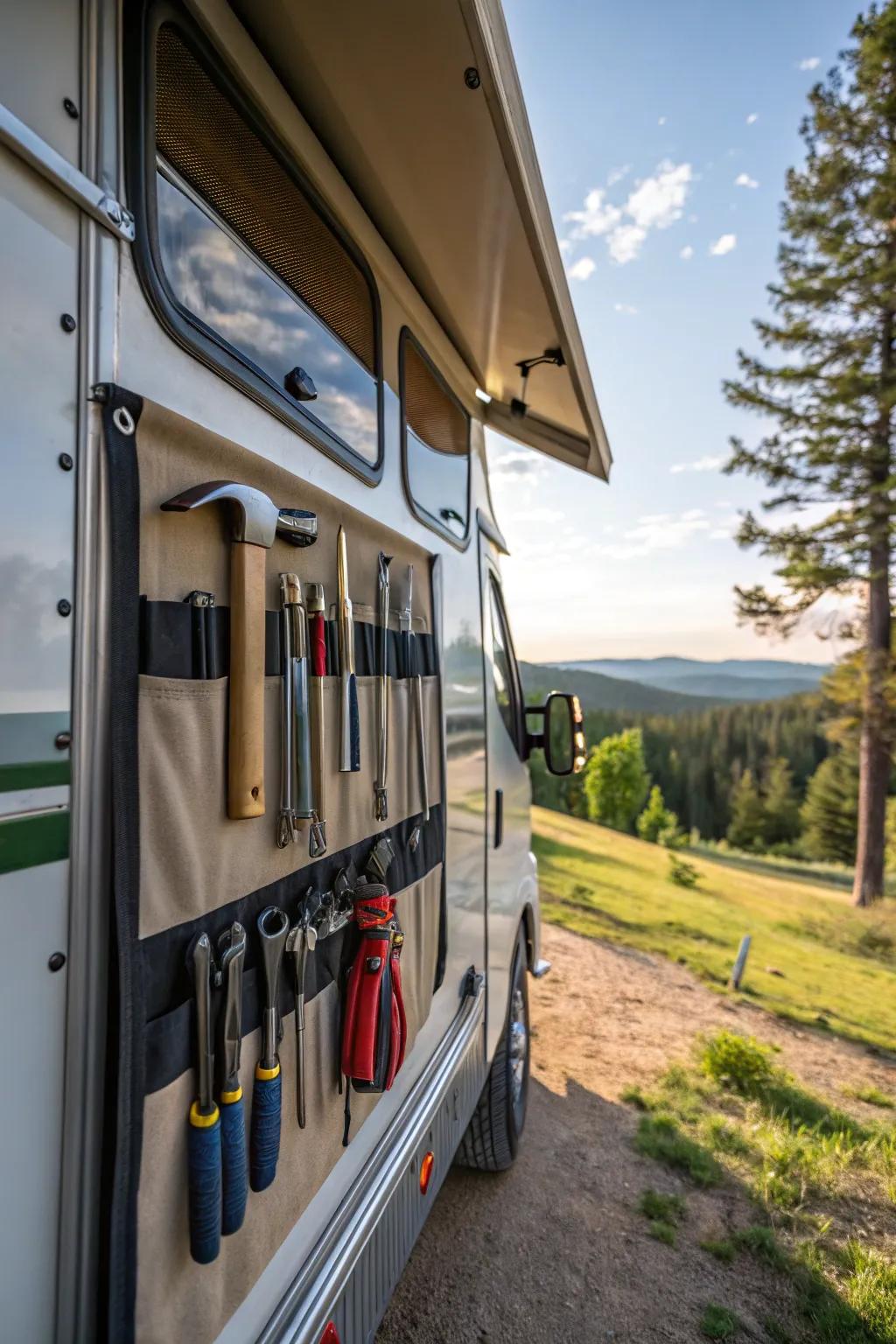 Magnetic strips provide space for metal tools.