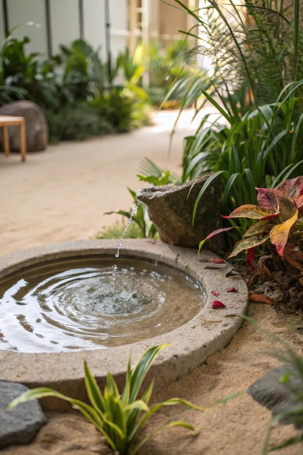 Enhance tranquility with a sand-surrounded water feature.