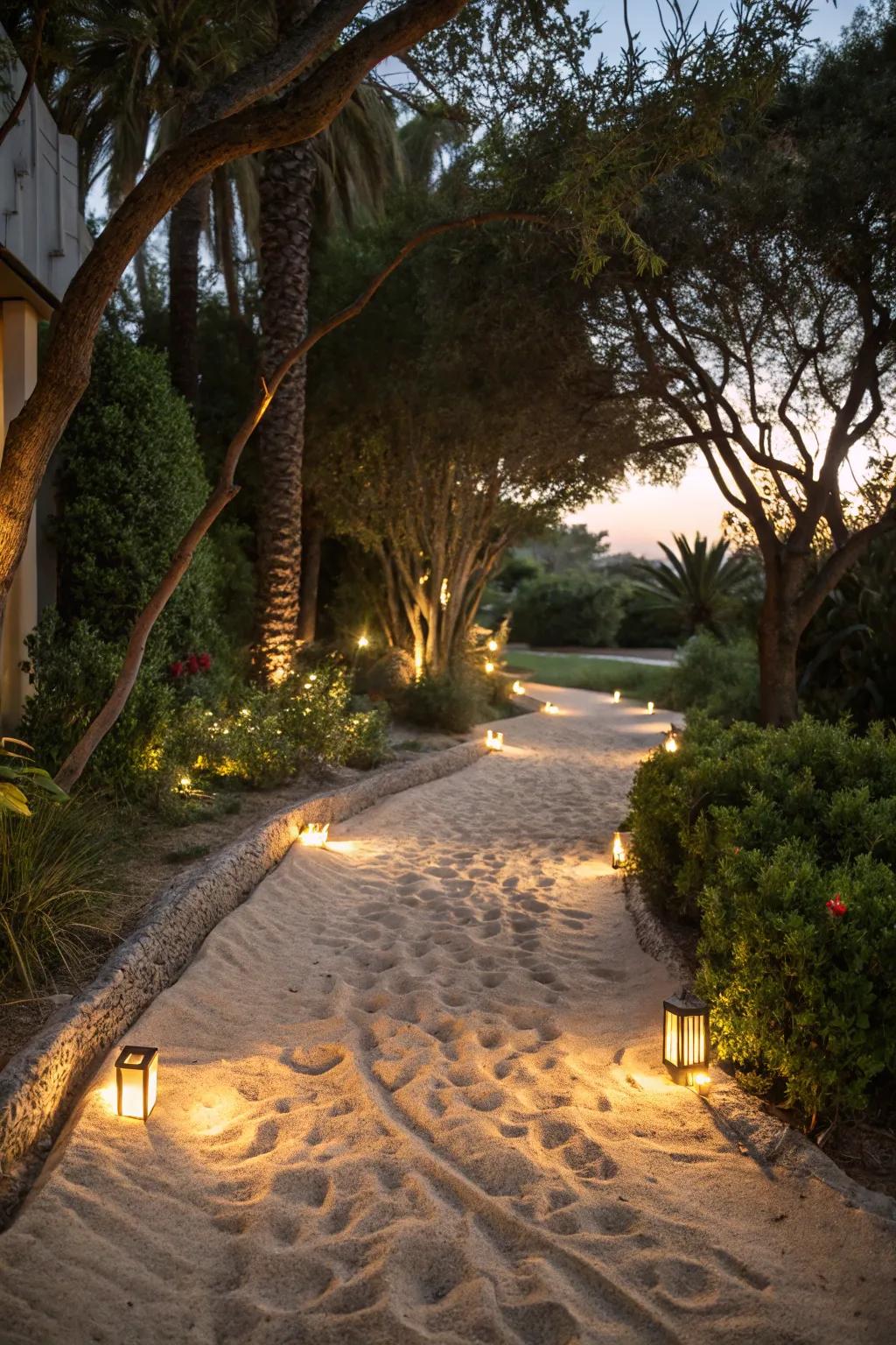 Solar lights adding evening charm to a sand walkway.