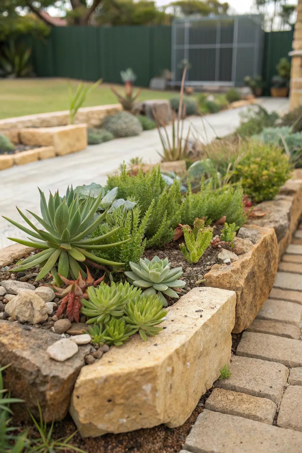Succulents paired with sandstone for a harmonious look.