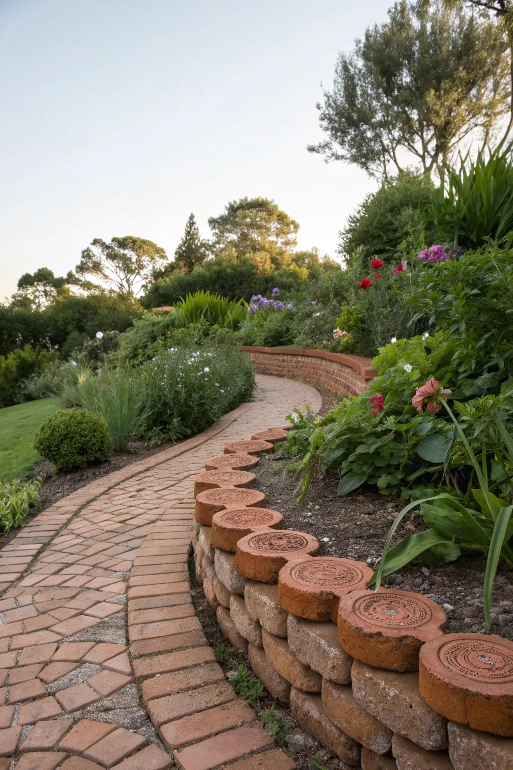 Stacked scalloped bricks adding depth to garden borders.