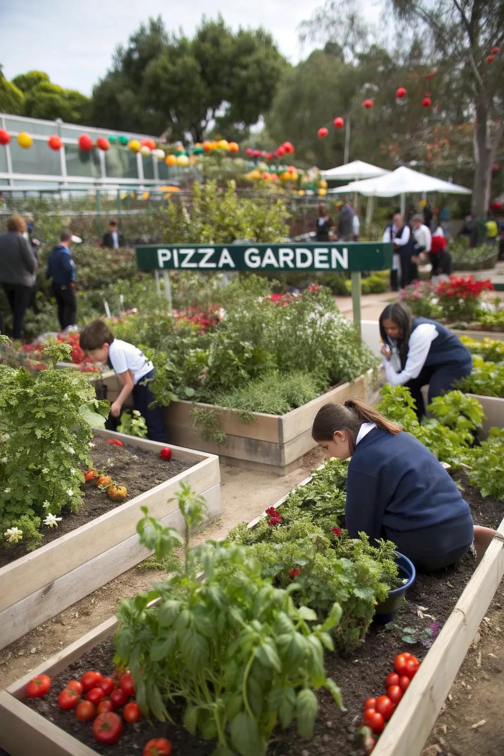 Thematic garden sections like a 'pizza garden,' inspiring students with creative planting ideas.