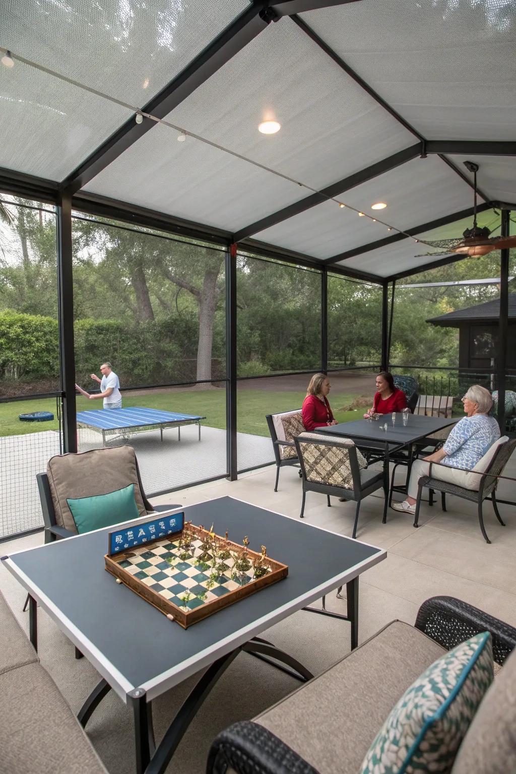 A lively game room setup in a screened carport.