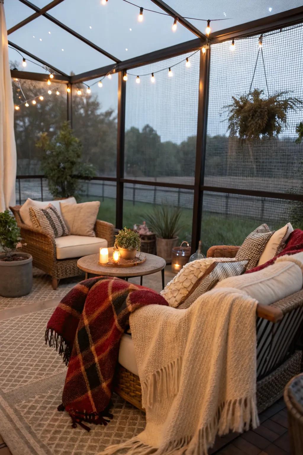 Cozy throws add warmth and texture to your patio space.