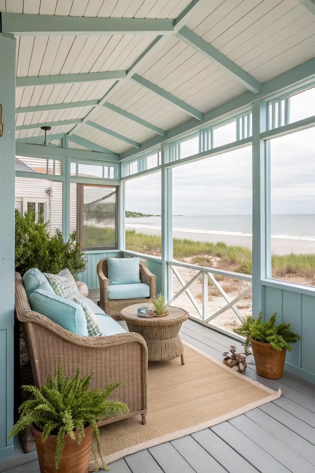 A coastal-themed screened patio with a fresh look.