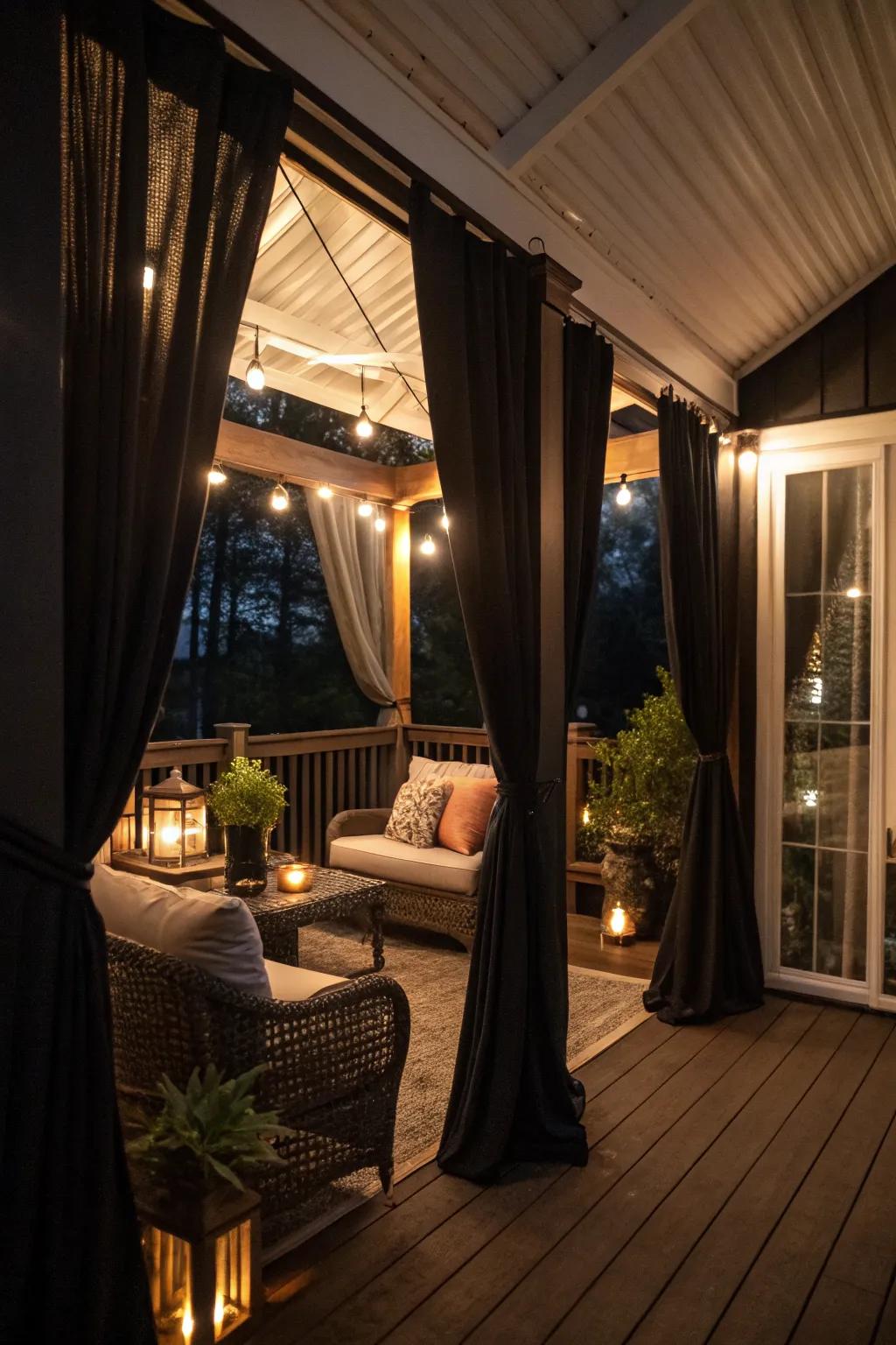 Dark curtains provide privacy and a cozy atmosphere.