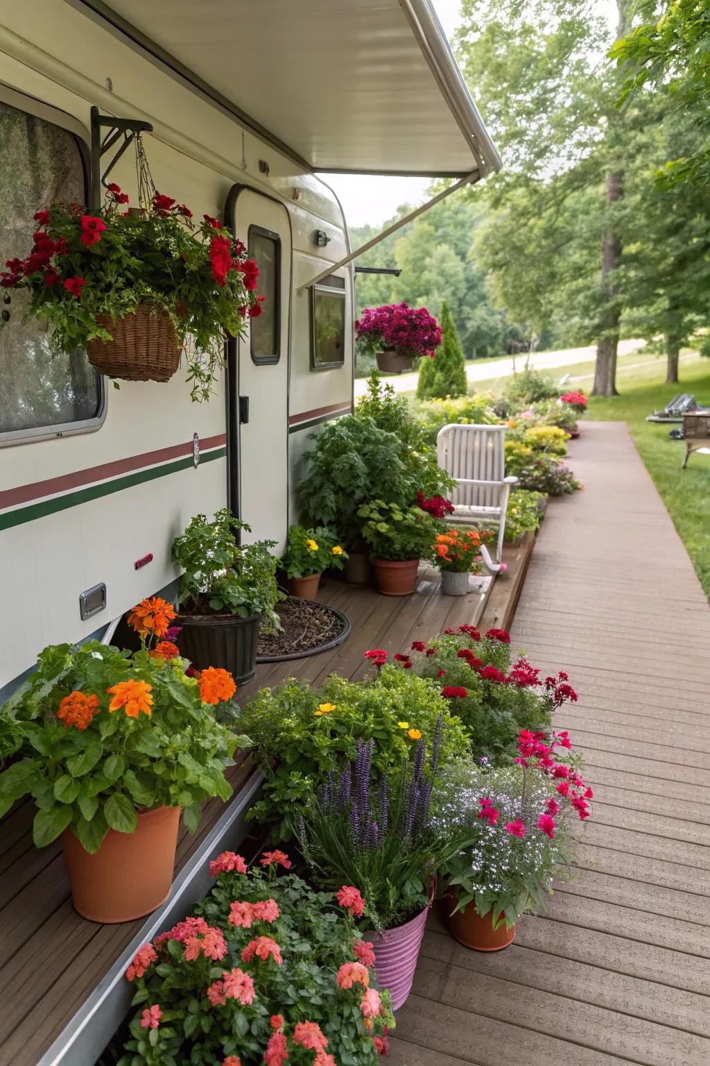 A camper deck beautifully adorned with a variety of potted plants.