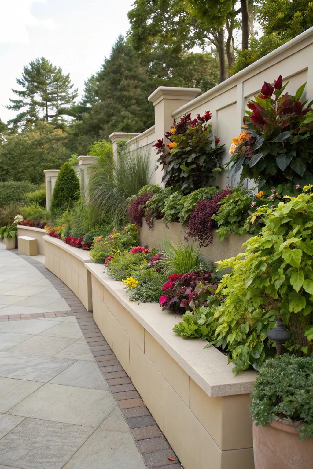 Seating wall with planters for a lush garden experience.