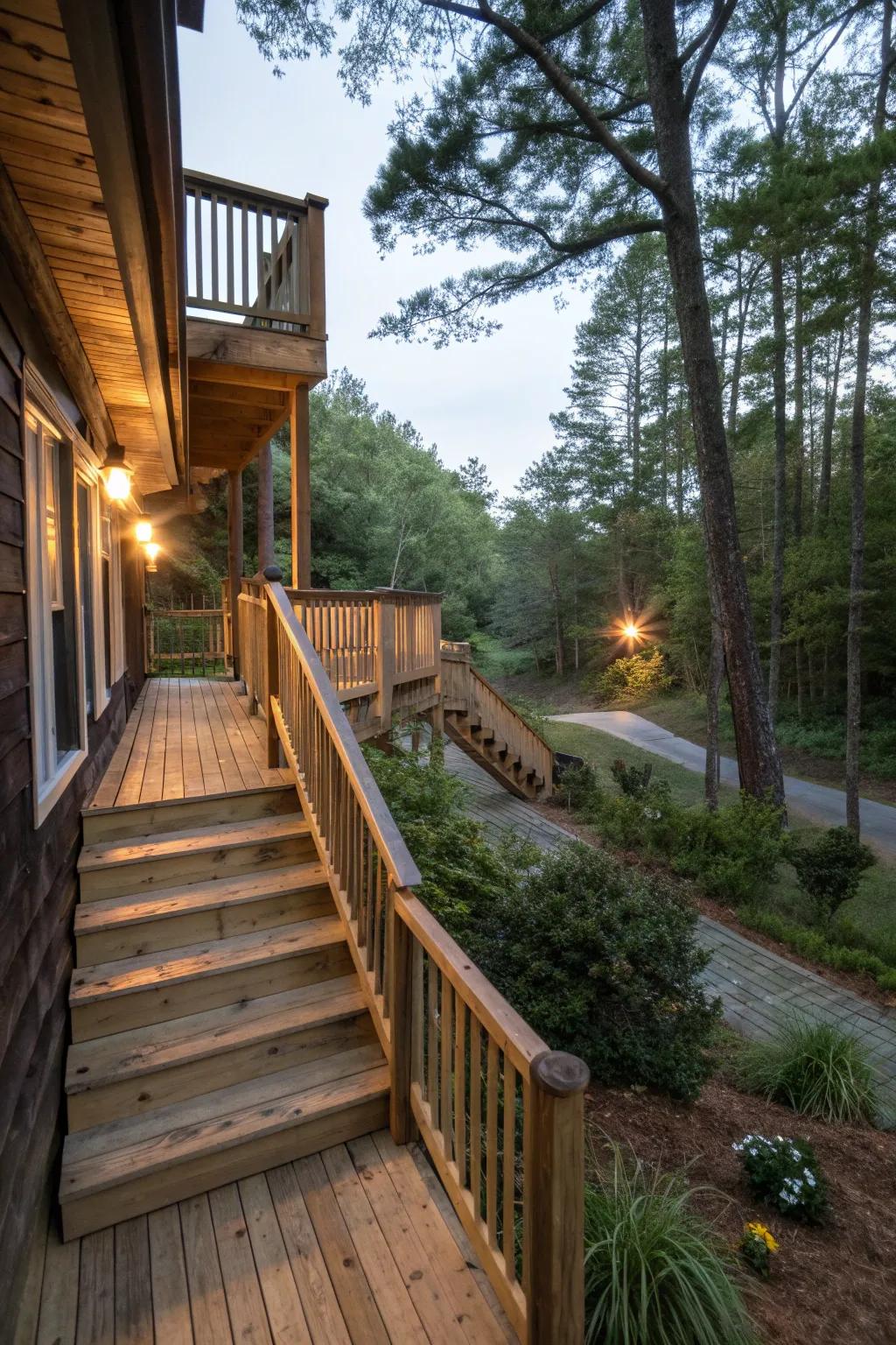 A rustic second-story deck with charming natural wood stairs.