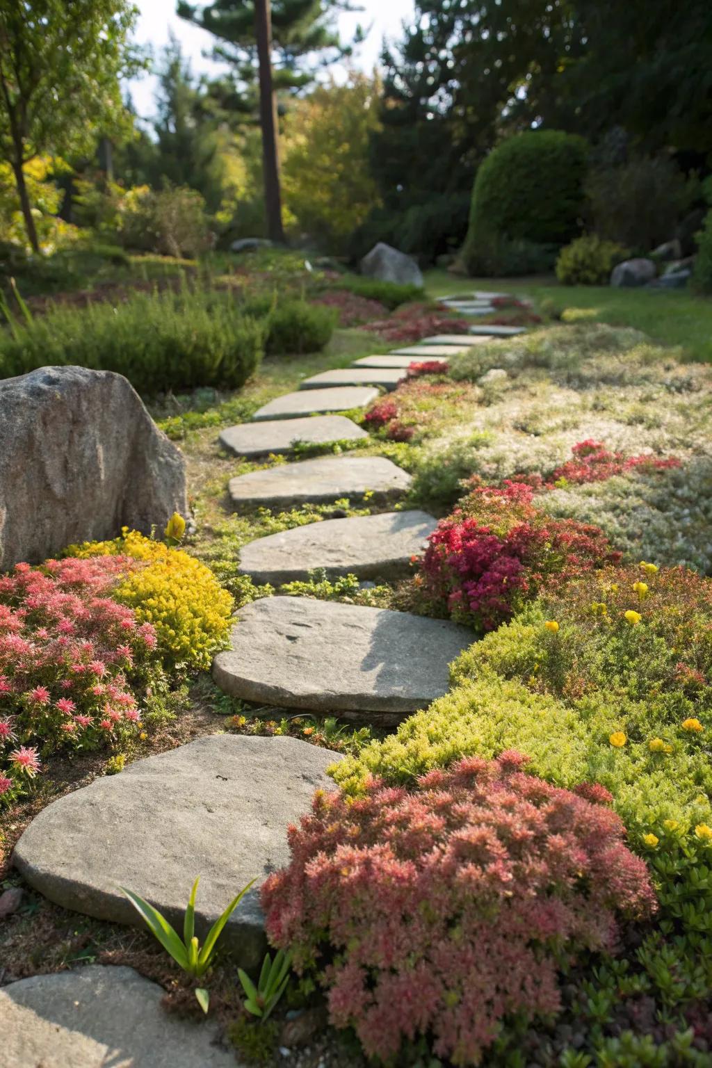 Stepping stones accented by vibrant sedum.