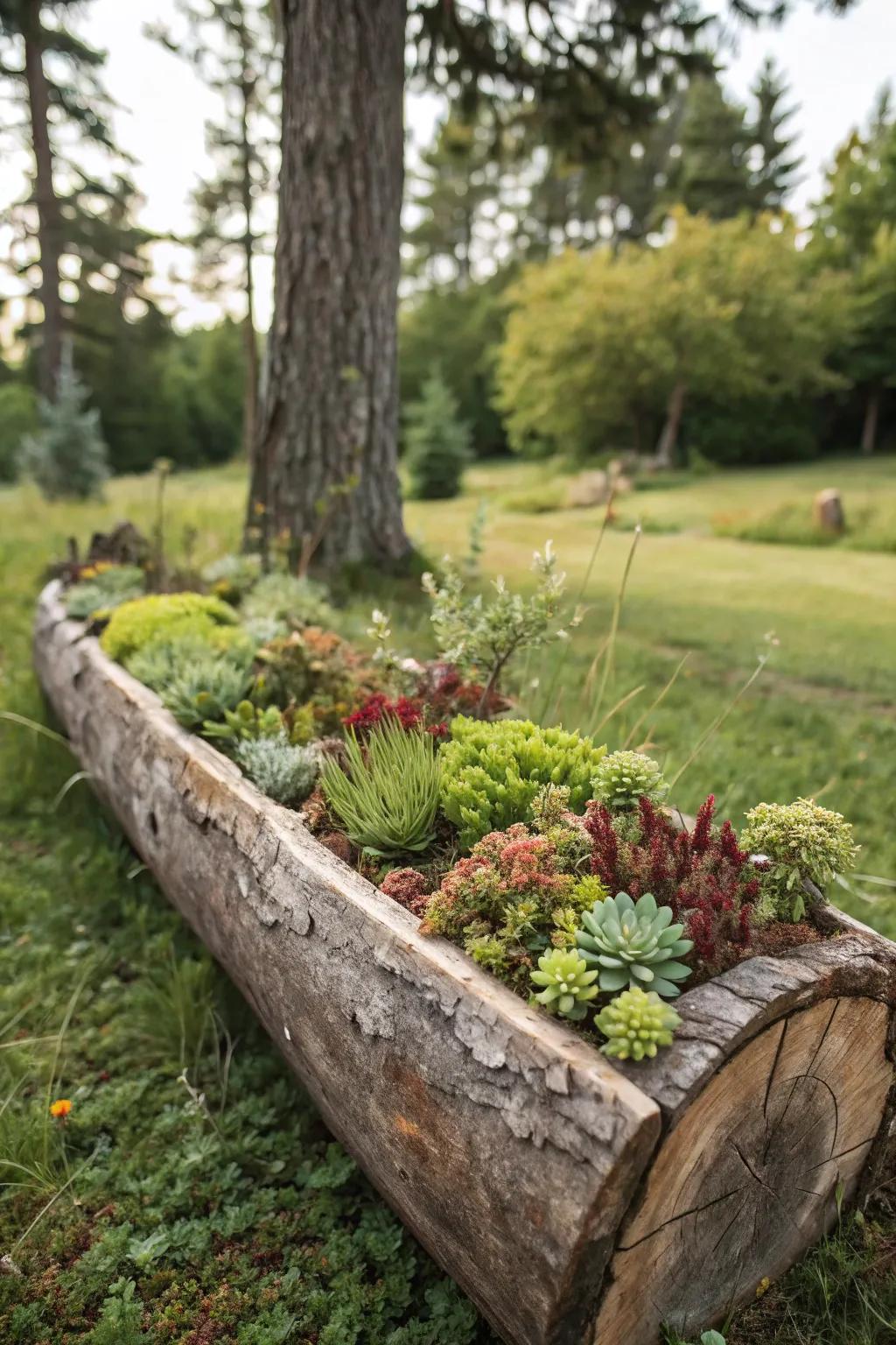 A log planter offers a rustic charm with its natural aesthetics.