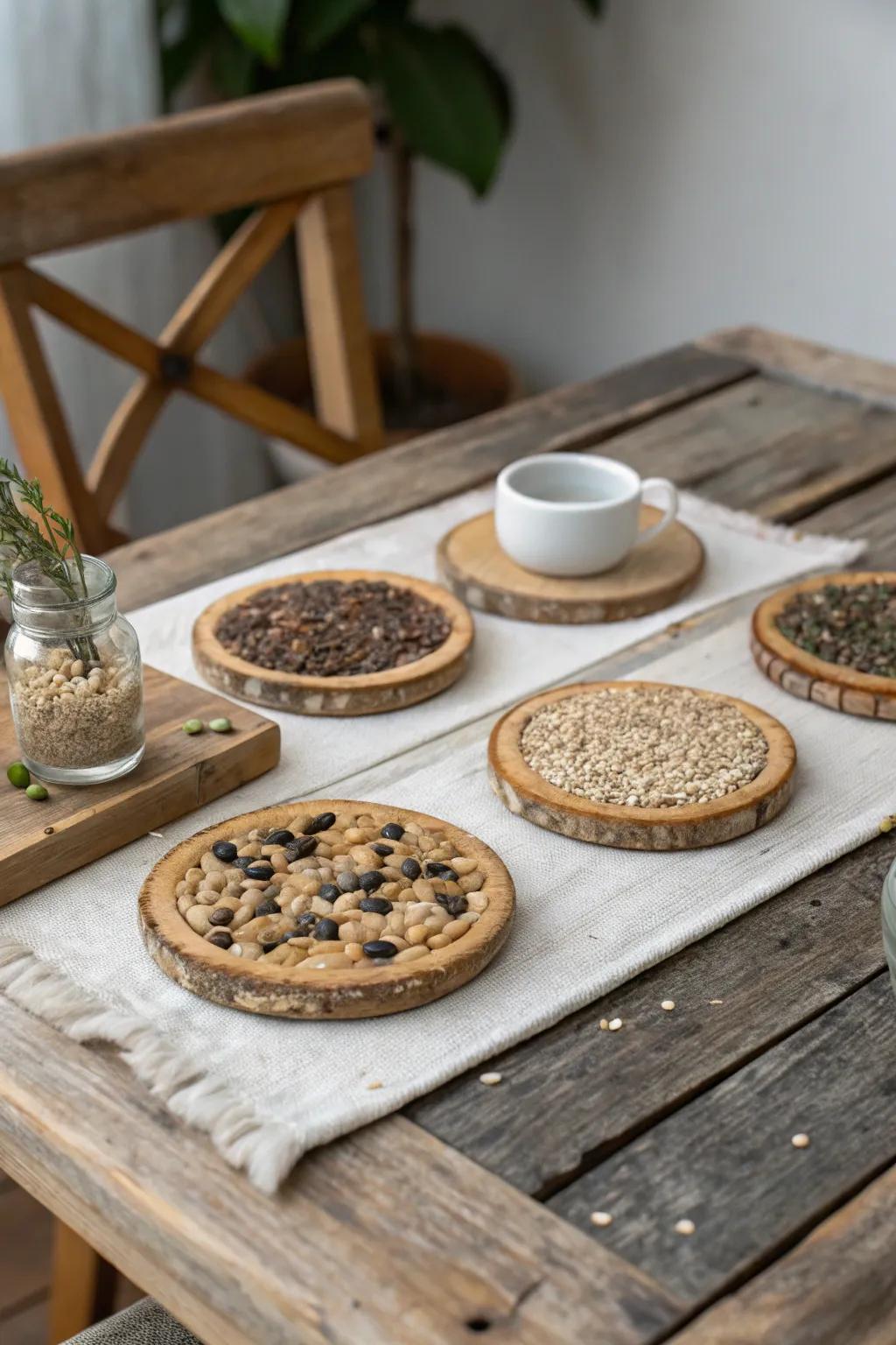 Rustic seed coasters that blend functionality with natural beauty.