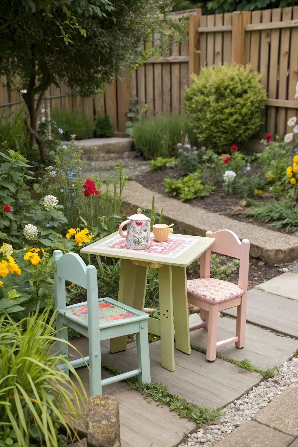 Kid-friendly furniture offers a cozy spot for relaxation and play in the garden.