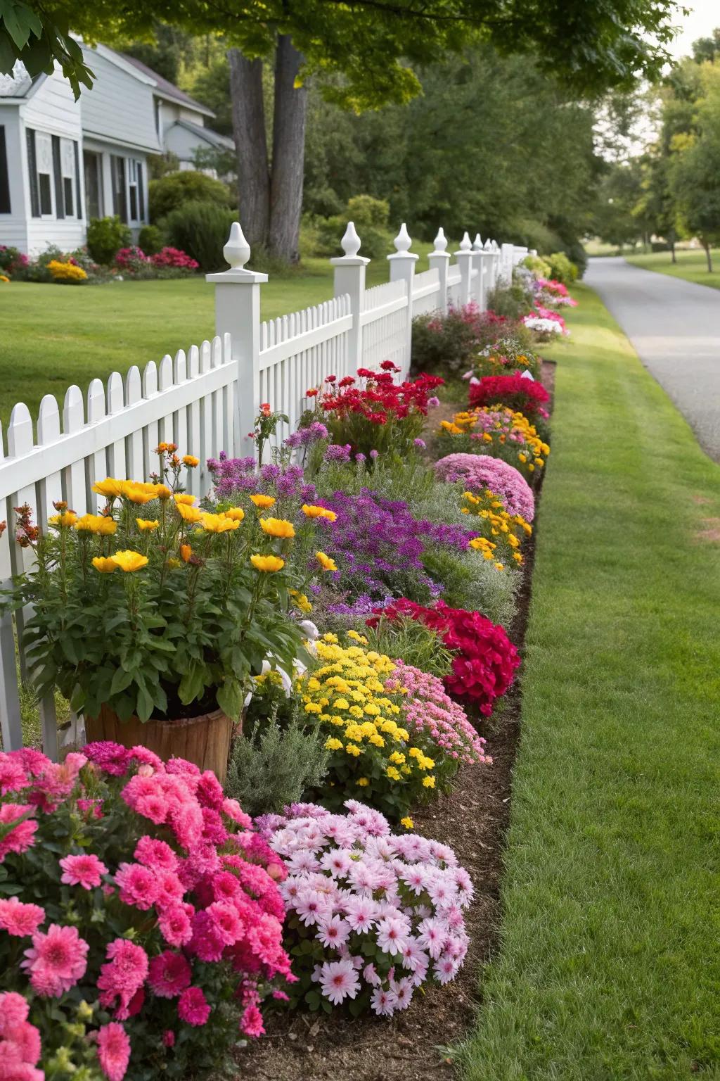Colorful flower beds adding vibrancy to the property boundary.