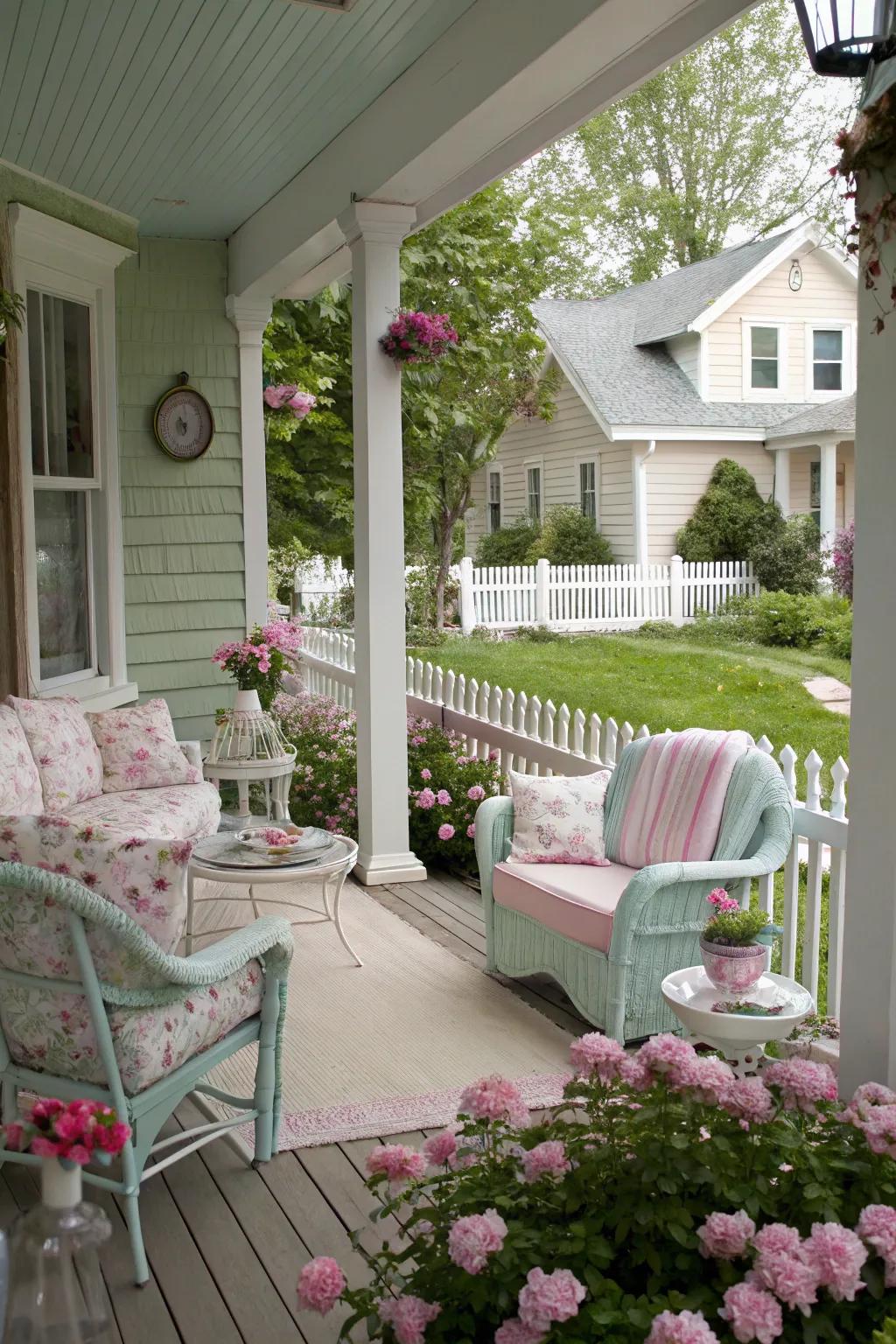 Pastel colors create a calm and welcoming atmosphere on a shabby chic porch.