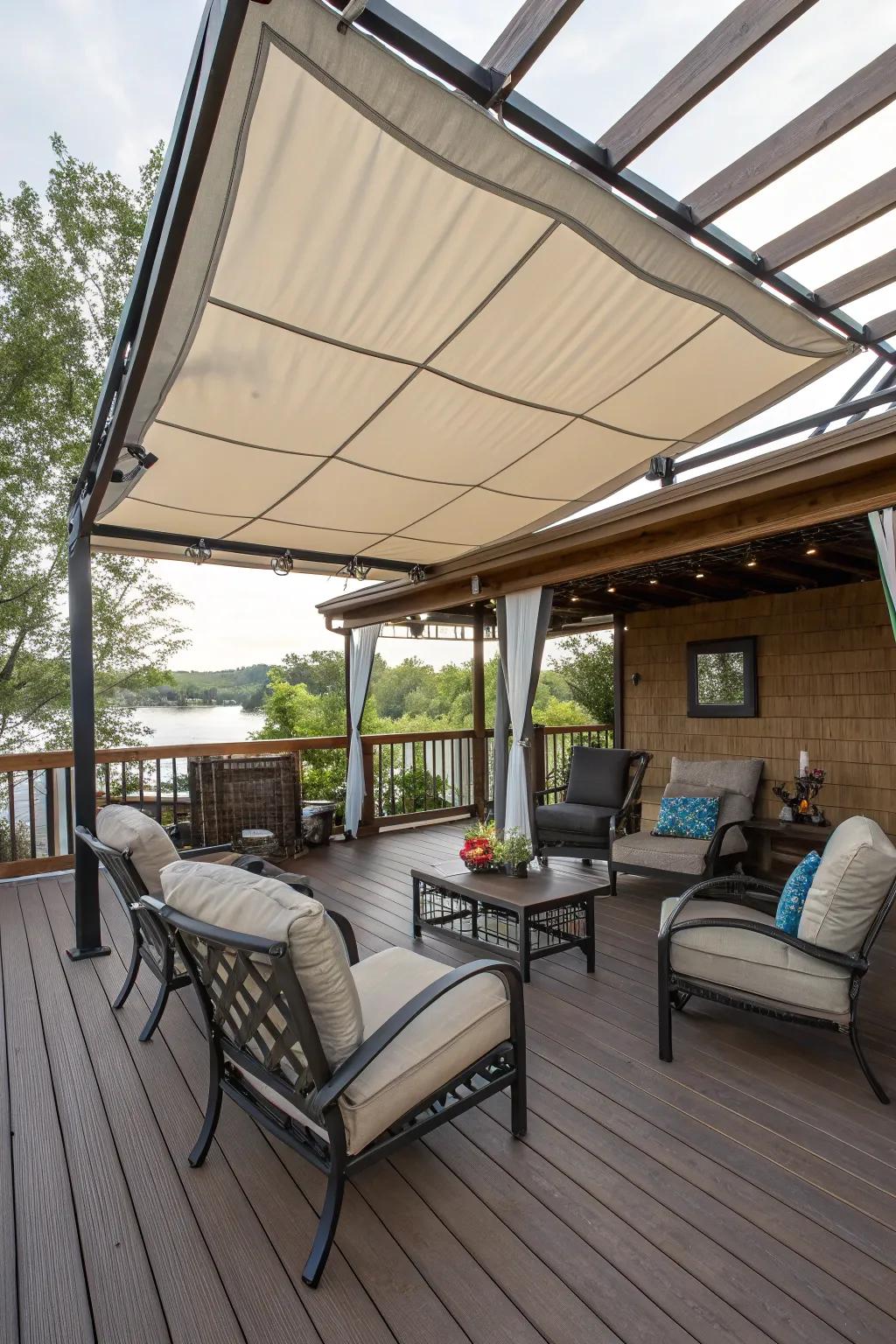 A shaded under-deck area offers a cool retreat.