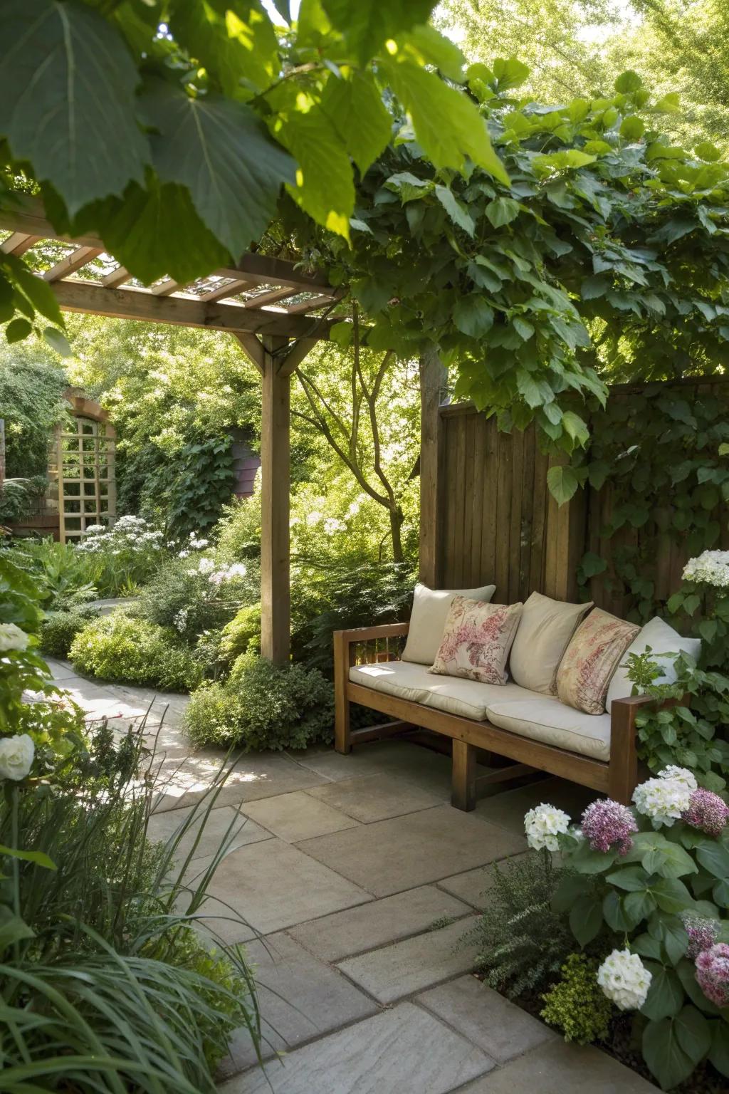 A cozy seating area nestled in the shade garden.