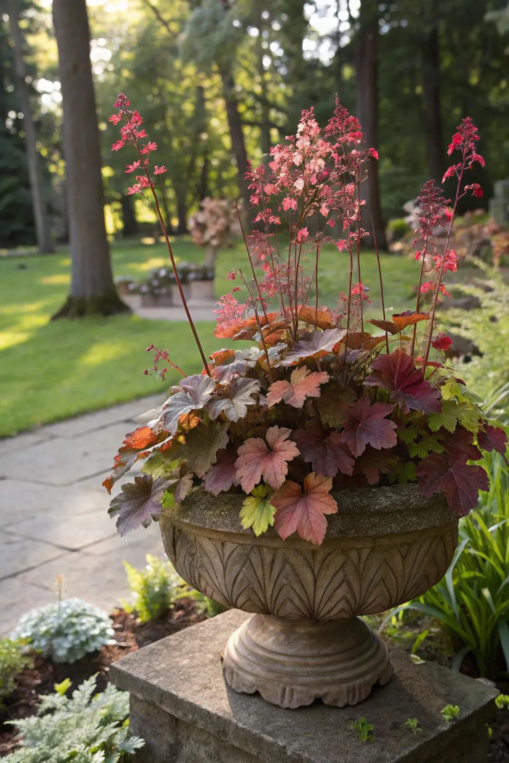 Colorful coral bells adding texture and color to a shaded garden.