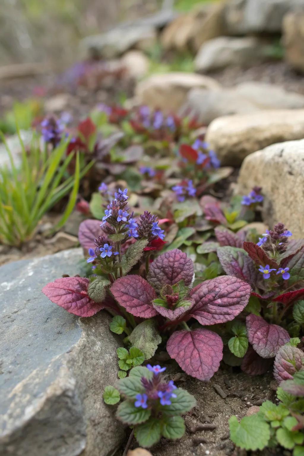 Ajuga adds a lush carpet of color to shaded areas.