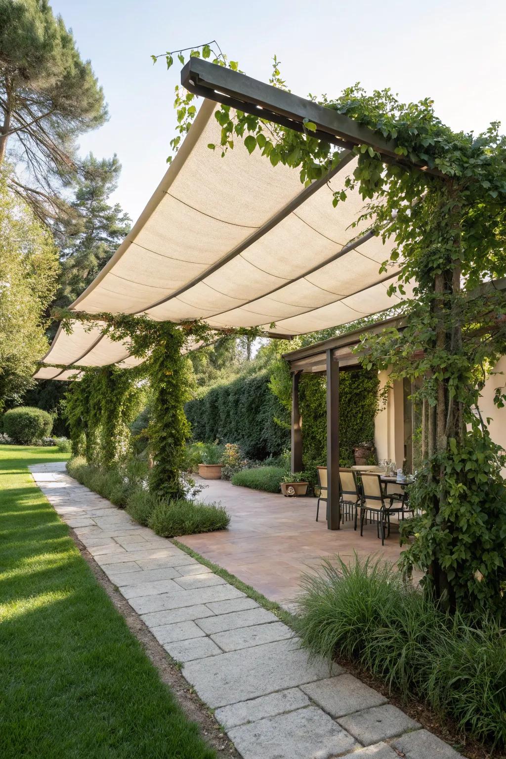Combine pergolas with shade sails for elegance.